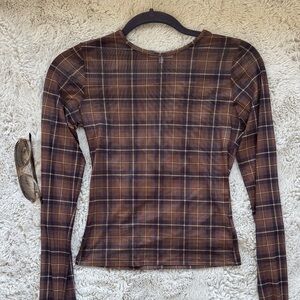 Revolve Checkered Long Sleeve Top in Brown